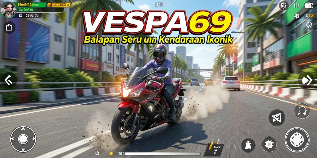 Tampilan gameplay seru dari balapan VESPA69 dengan Vespa ikonik.
